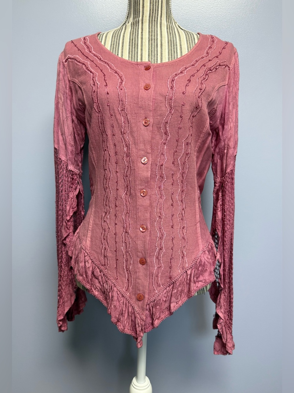Cute Options Boho Women's Dusty Rose Button-Front Crochet Trim Shirt S